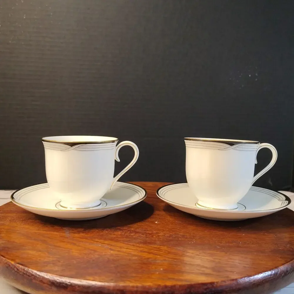 Lenox Erica Debut Collection Set of 2 Vintage Footed Tea Coffee Cups and Saucers